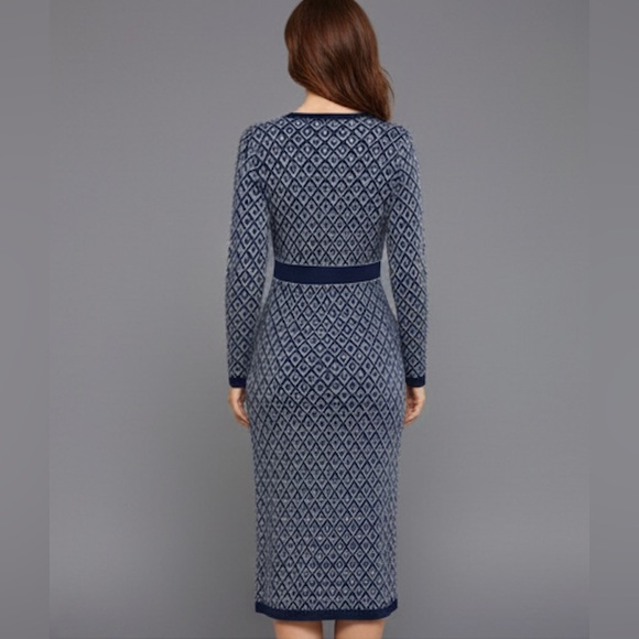 Button Front Pattern Sweater Dress Blue - Picture 4 of 7